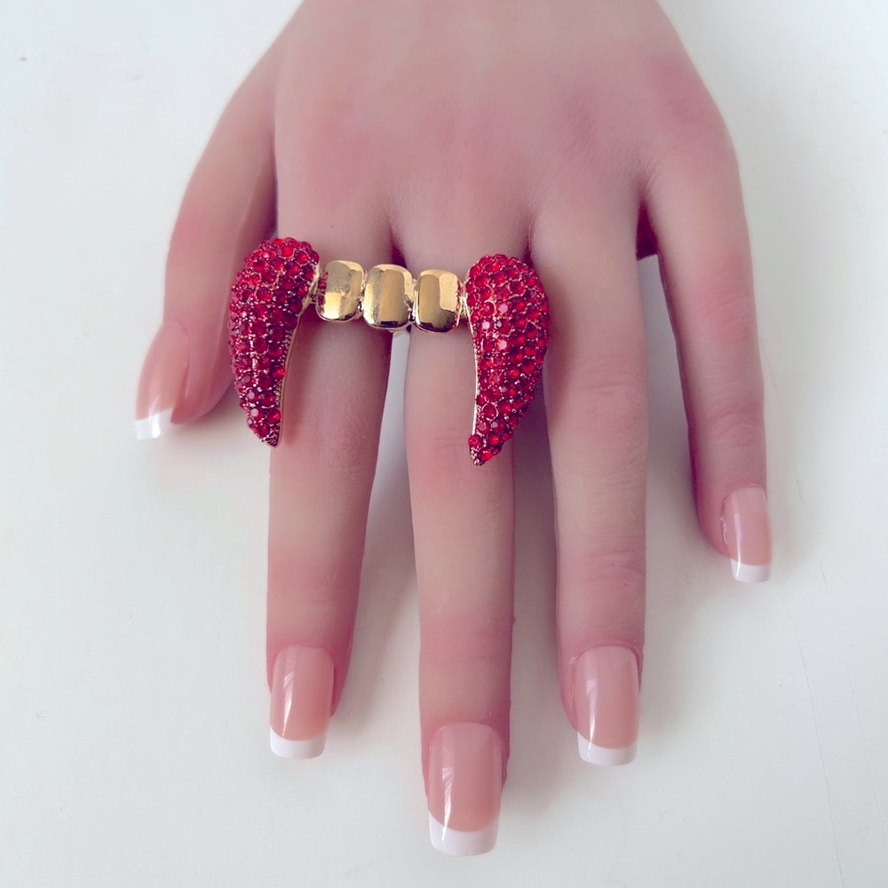 Gold, Red, Crystal Rhinestone Gold Fang Rings - Picture 4 of 4